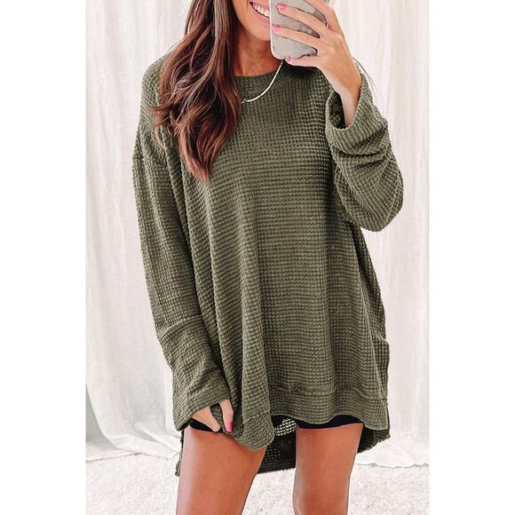 Azura Exchange  Oversized Green Waffle Knit High Slits Top - Picture 5 of 6